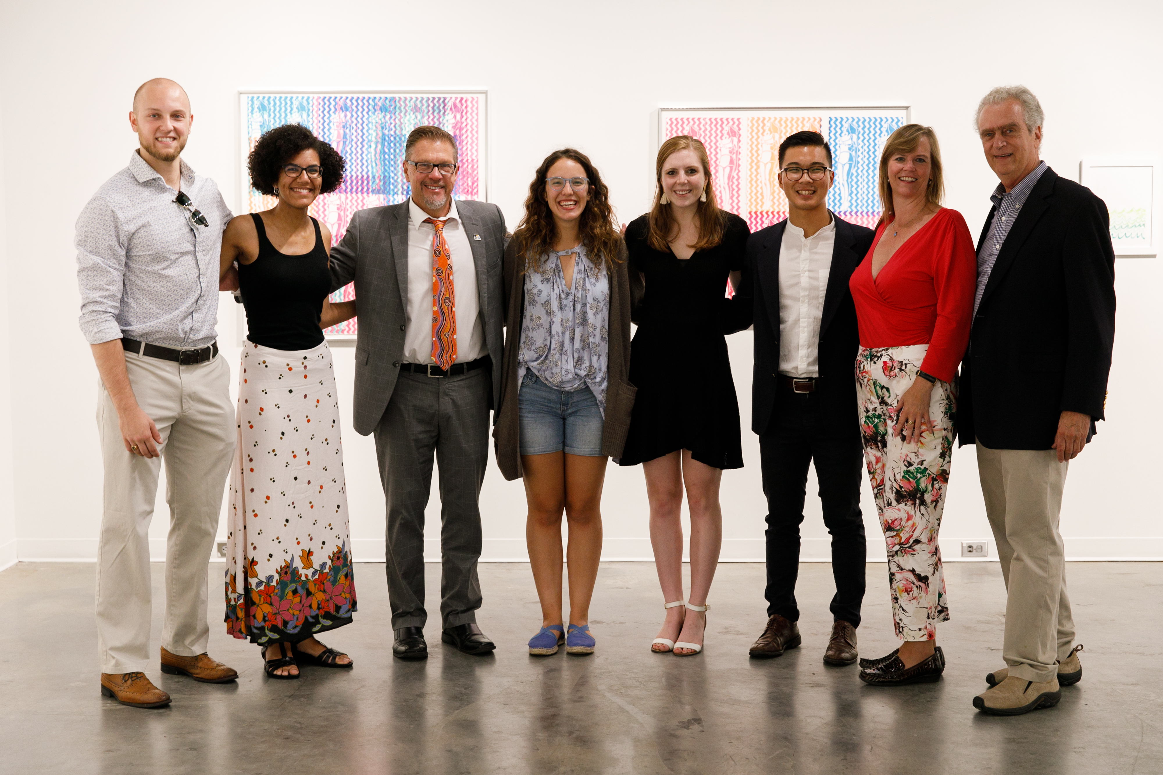 (L-R) Nicholas Rupert, Gabby Fuller, Jody Kielbasa (Vice Provost for the Arts), Savannah Hard, Amy Dalrymple, David Shim, Greatchen Tibbits (then Chair of UVA Arts Council), & Tim Michel (UVA Arts Council Member and creator of the UVA Arts Council Distinguished Artist Awards program) | Image by Tom Daly