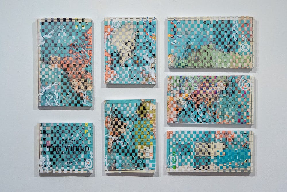 A work of art composed of abstract blocks with blue bases