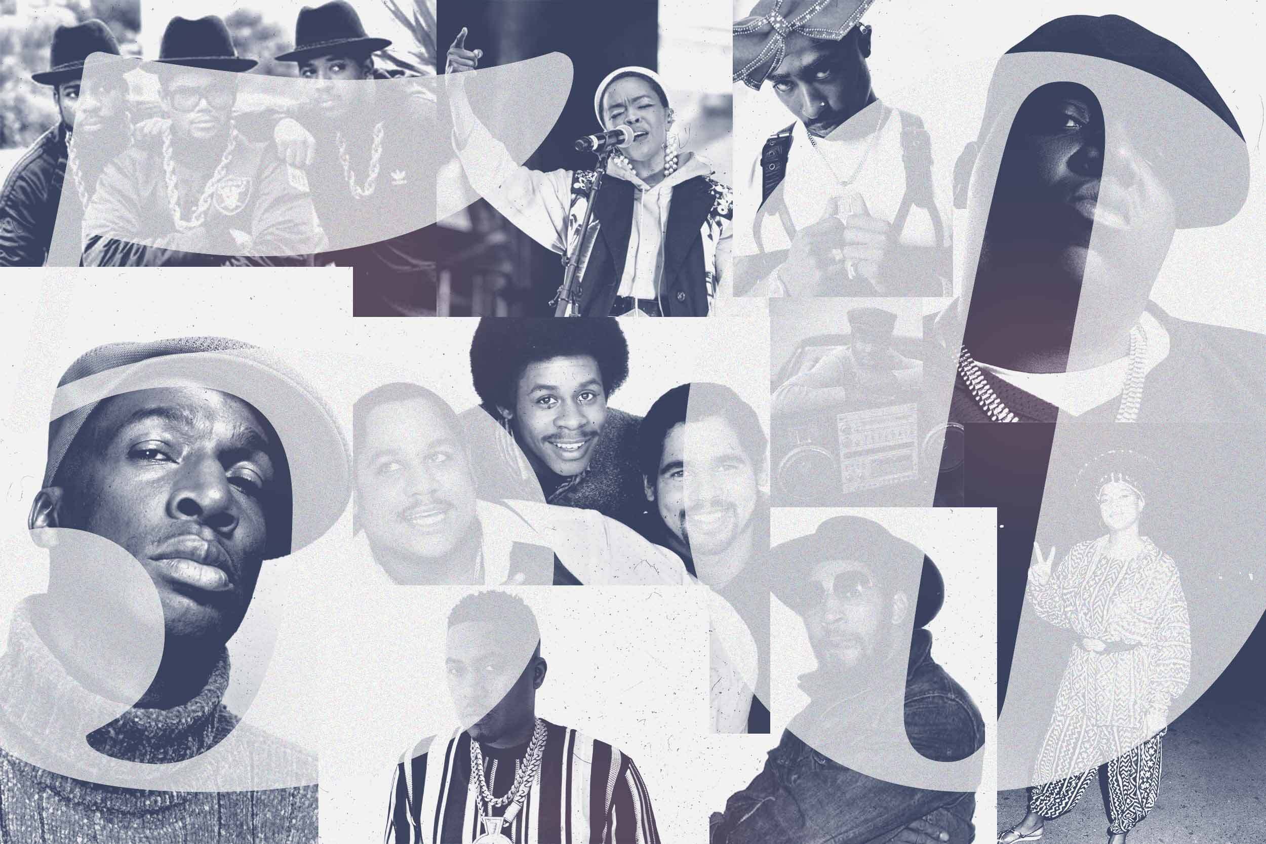 A collage of various famous figures in history, tinged blue, with a translucent overlay of the number 50.