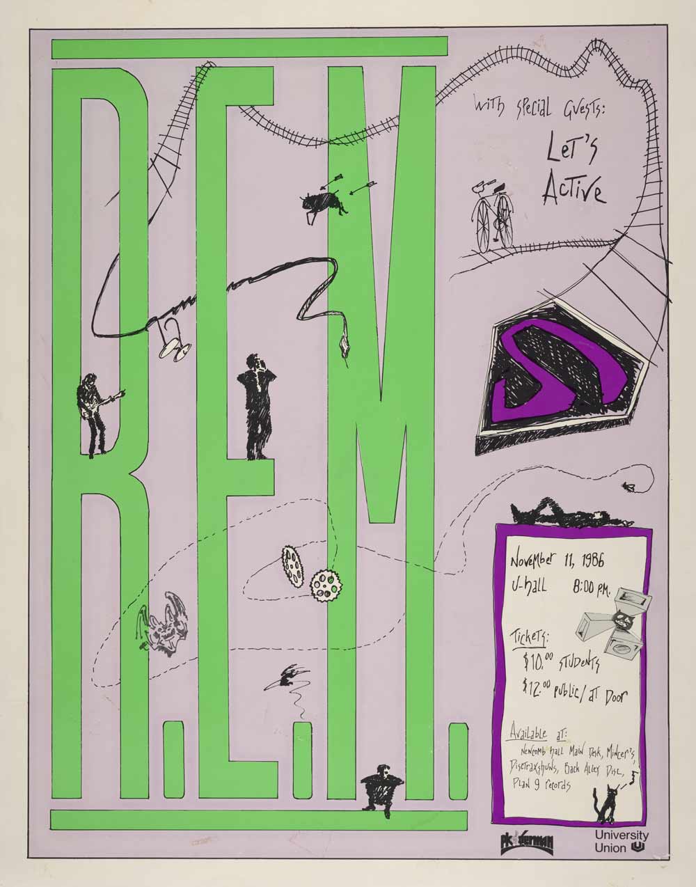 An illustrated poster features large green letters that read "REM," a light purple background, small doodles of people, and a drawing of the Superman "S." A box in the corner features date and ticket information. 