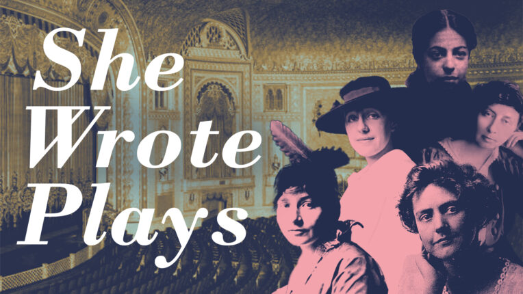 She Wrote Plays Logo with Women from past centuries in a theatre