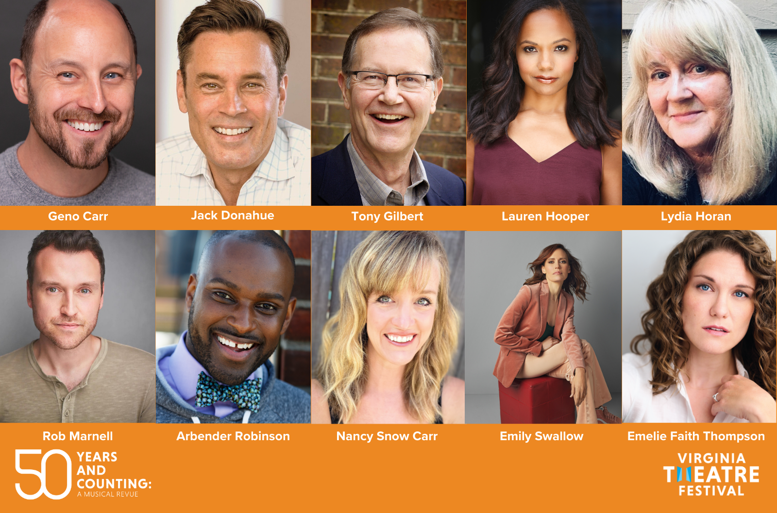 Clockwise: Geno Carr, Jack Donahue, Tony Gilbert, Lauren Hooper, Lydia Horan, Emelie Faith Thompson, Emily Swallow, Nancy Snow Carr, Arbender Robinson, & Rob Marnell