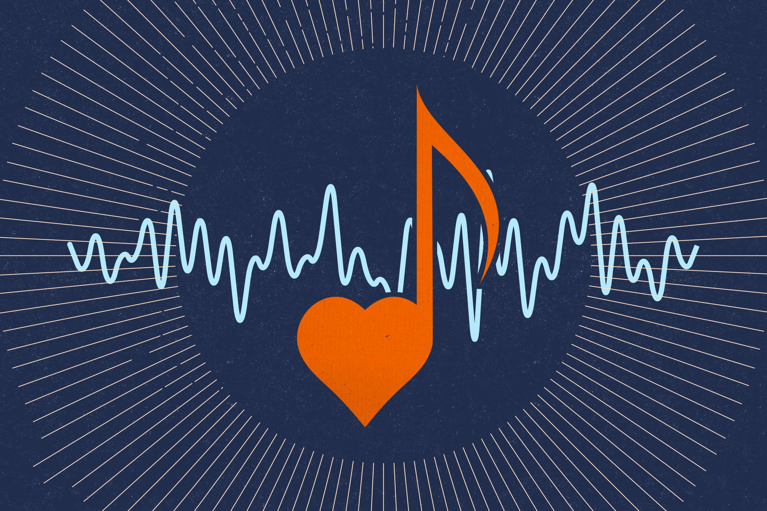 A graphic over a dark blue background featuring a heart monitor wave and a music note with a heart as the notehead.