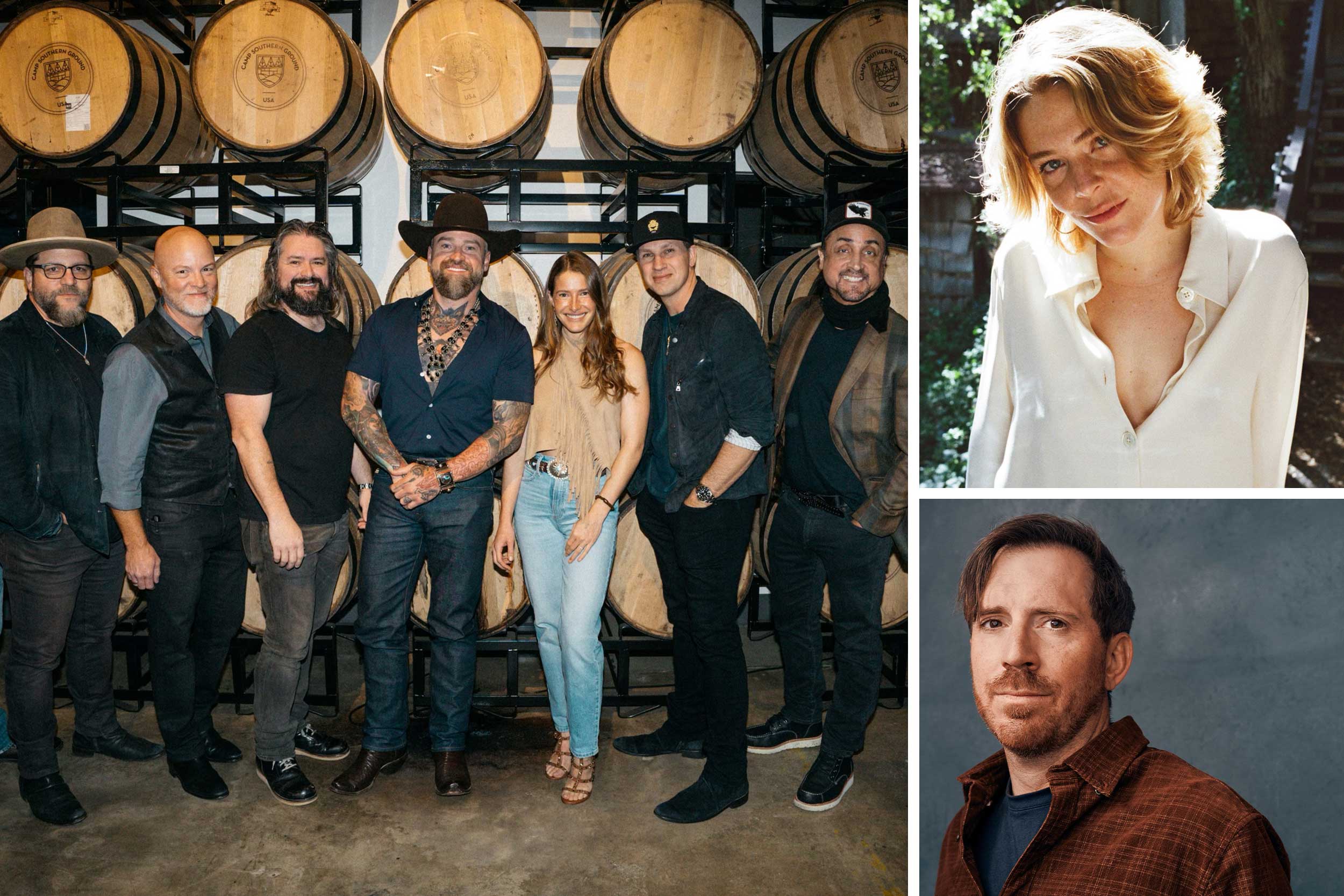 A collage featuring three images: one of the members of Zac Brown Band; another of singer Maggie Rogers, looking at the camera; and one of comedian Joe Zimmerman also looking at the camera.