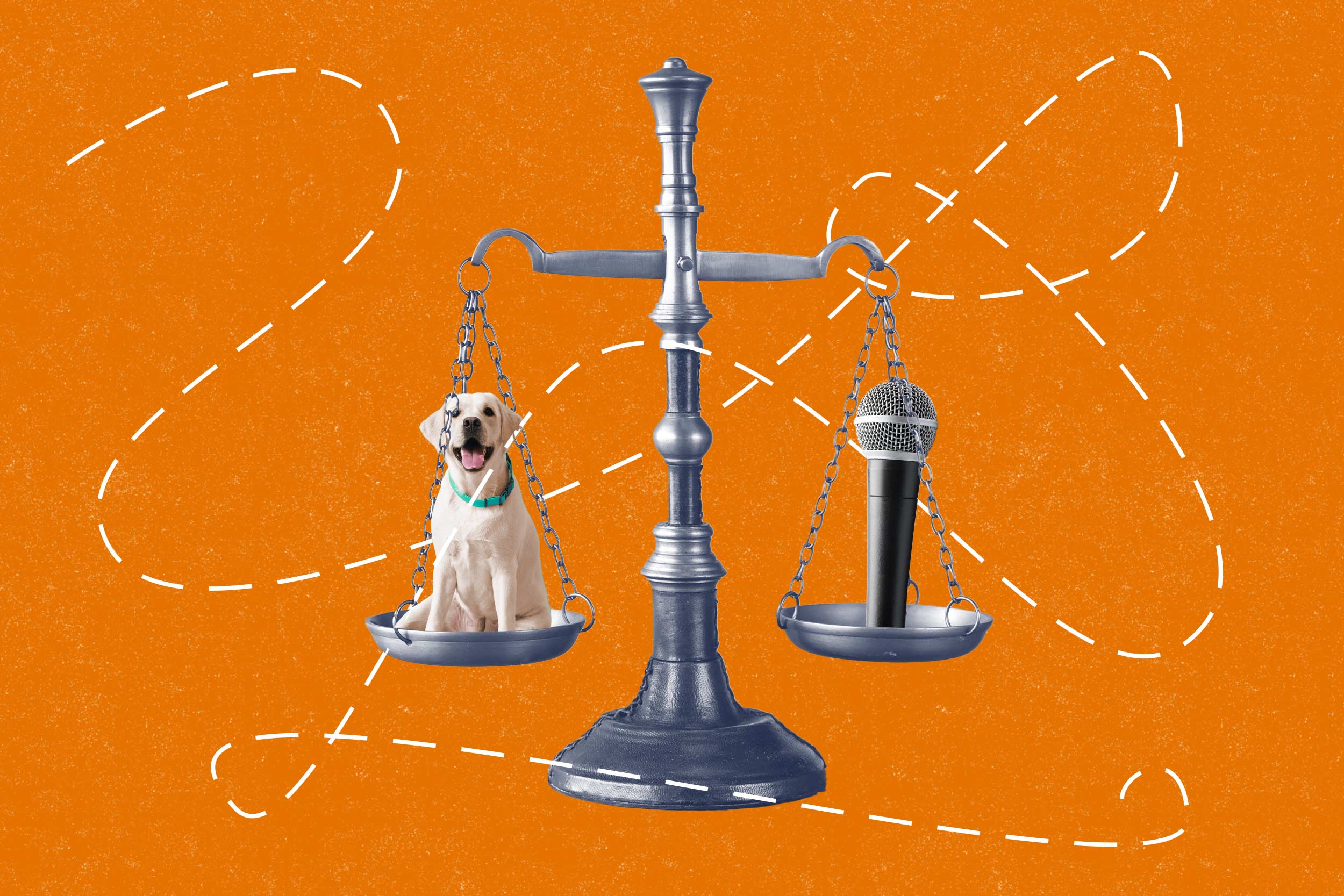 An illustration of the scales of justice, with a dog in one and a microphone in the other, overlaid with a curling dotted line and against an orange background.