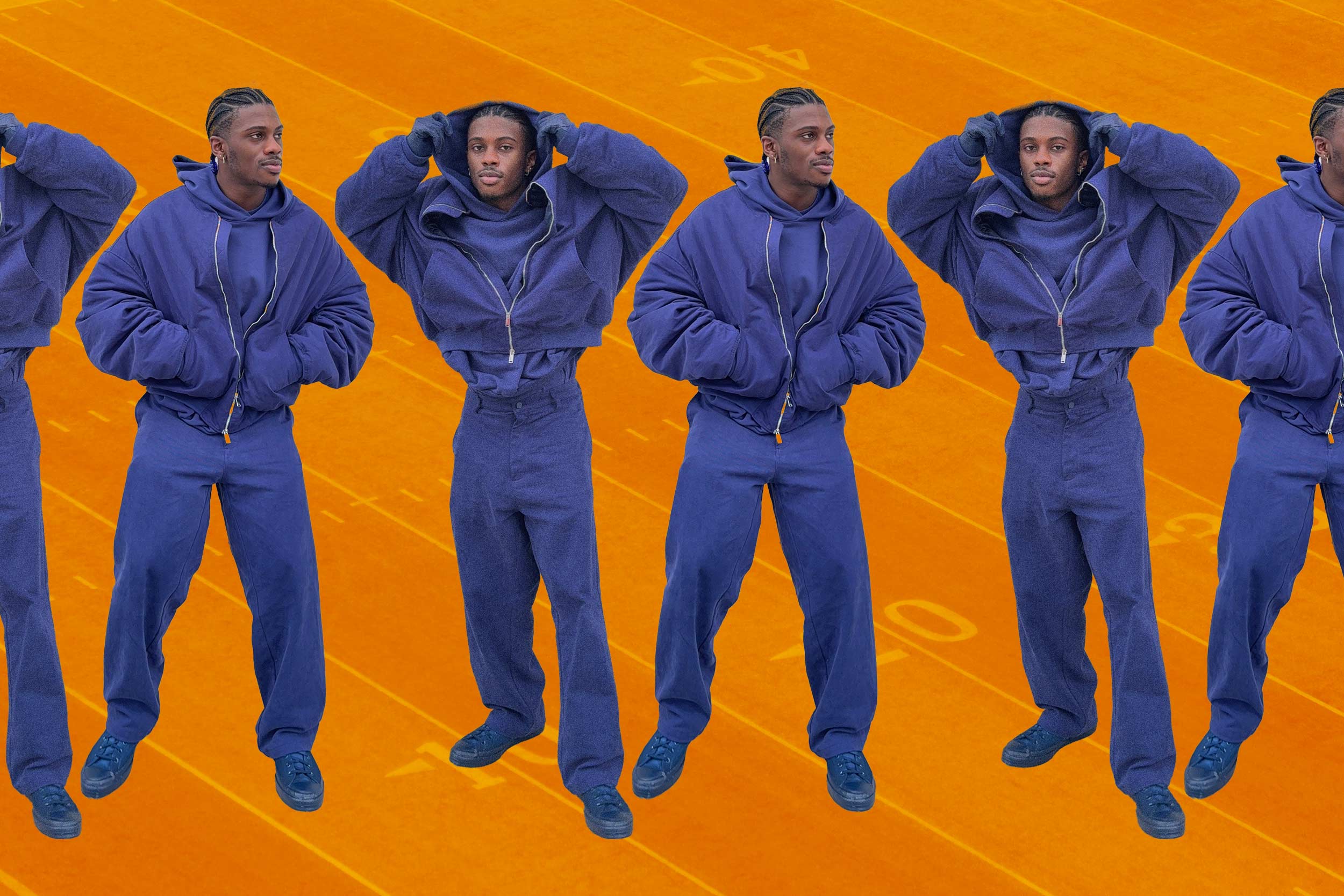 Cut-out images of Jalen Rashad wearing all blue, superimposed on an orange-tinted background of a football field.