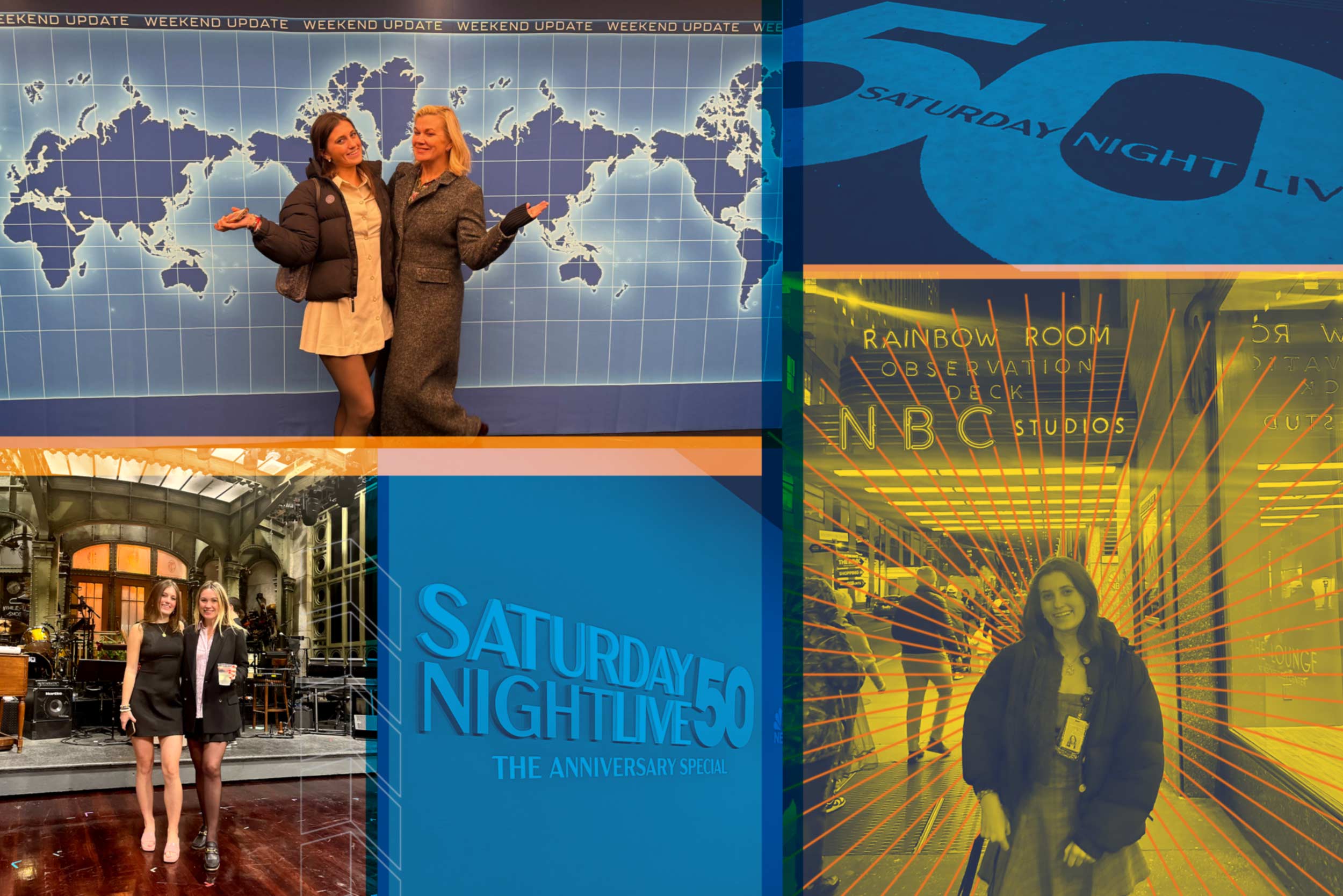 A collage of photos of Kiera Chambers on the set of "Saturday Night Live," with some images of the studio's signs.