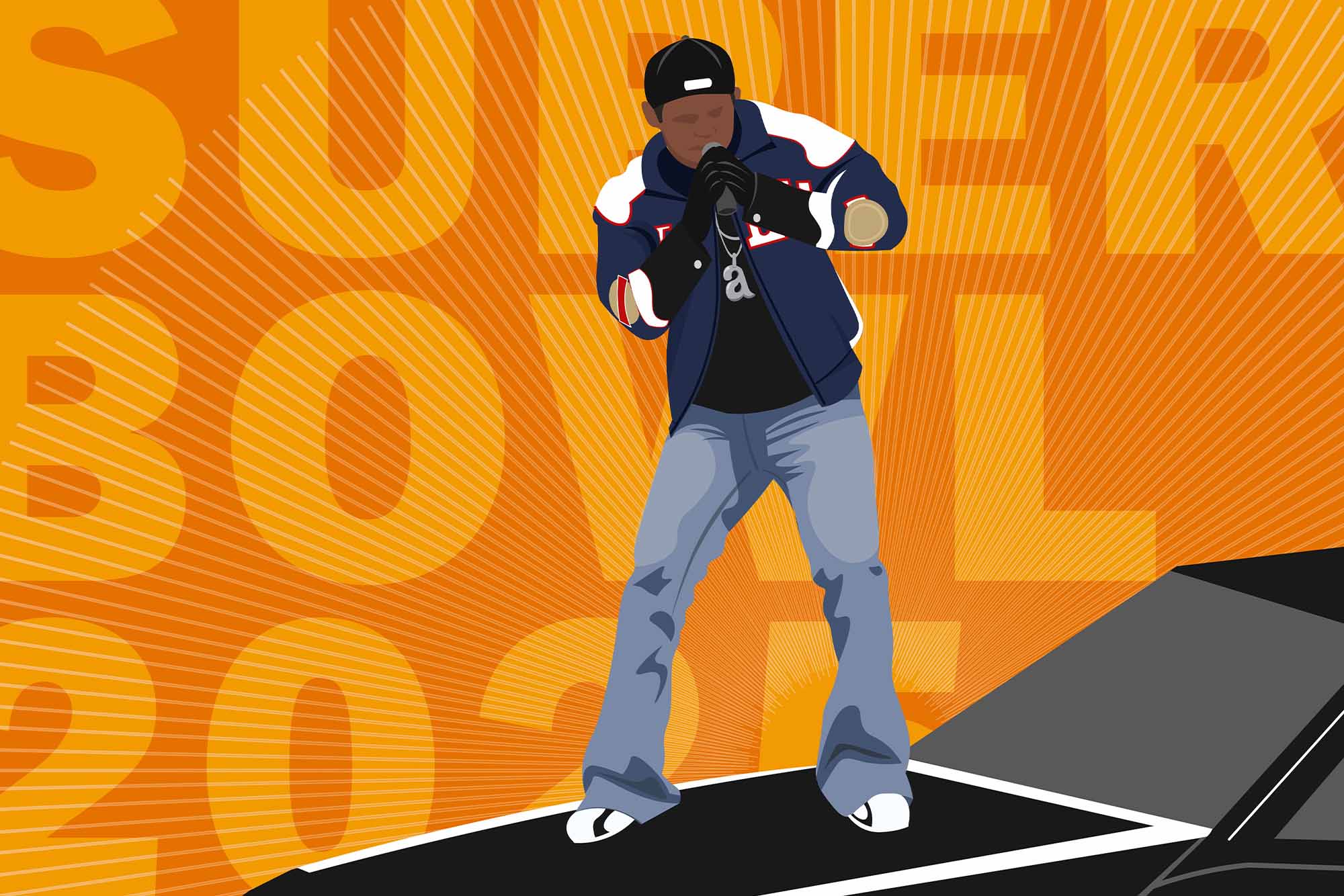 An illustration of rapper Kendrick Lamar at the super bowl over an orange background that reads "SUPER BOWL 2025"