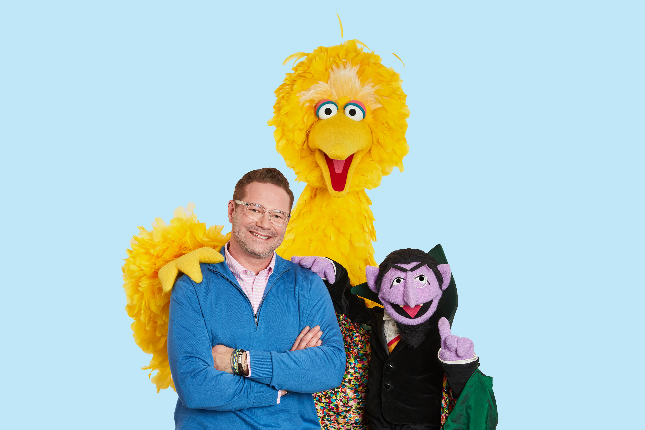 Puppeteer Matt Vogel gives life to Count von Count and Big Bird on “Sesame Street.” (Photo courtesy of Sesame Workshop; photo illustration by John DiJulio, University Communications)