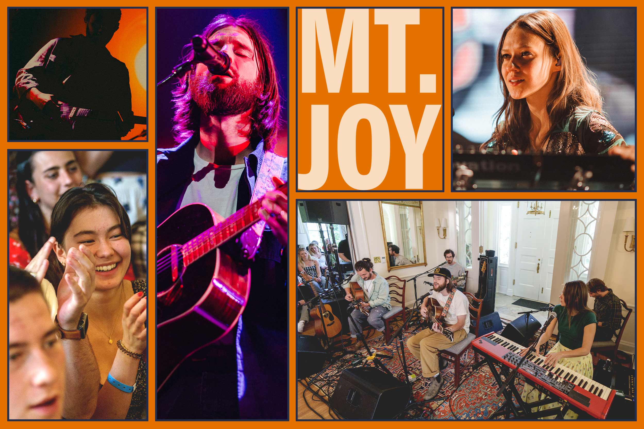Mt. Joy’s new album, “Hope We Have Fun,” drops May 30. (Photos by Tristan Williams and Lathan Goumas, University Communications; illustration by John DiJulio, University Communications)