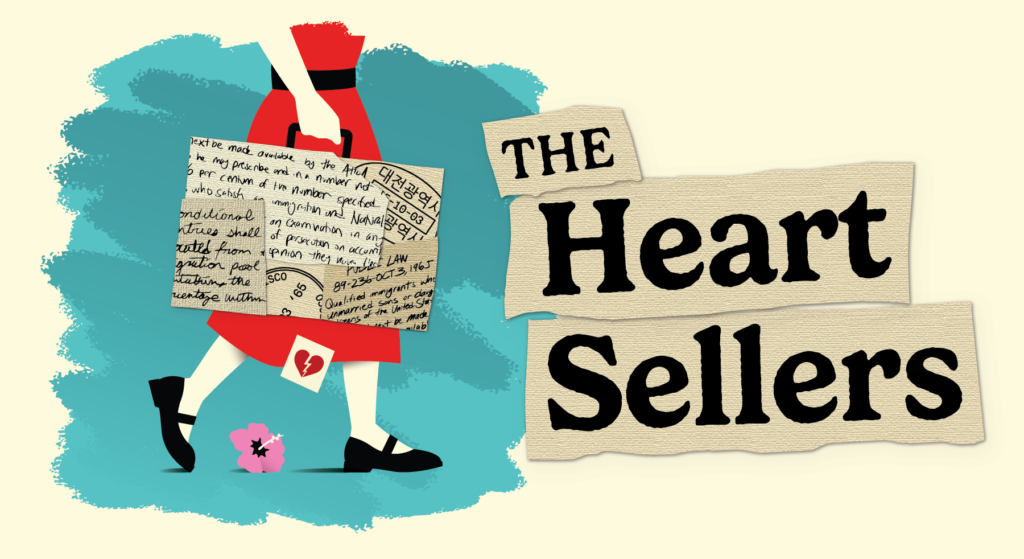 The Heart Sellers with an illustration of a person in a red dress carrying a suitcase with writing on it