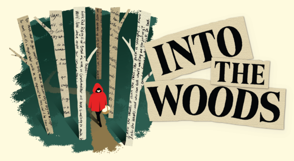Into the Woods with an illustration of a Person in Red Coat Walking Through The woods