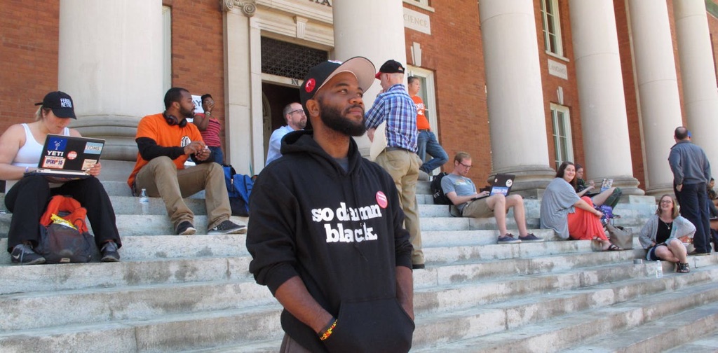 Faculty, staff and students, including then-Ph.D. student A.D. Carson, protest at Clemson University in 2016. AP Photo/Jeffrey Collins