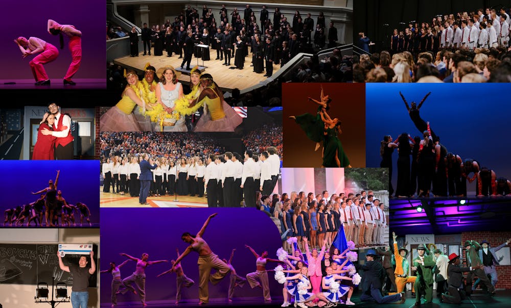 Collage of various performing arts photos, some including chorus performances, dance showcases, and theatre performances.