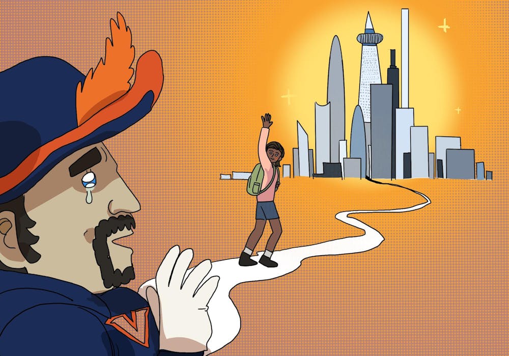 A digital drawing of Cav Man waving goodbye to a student as she walks to a big city in the distance.