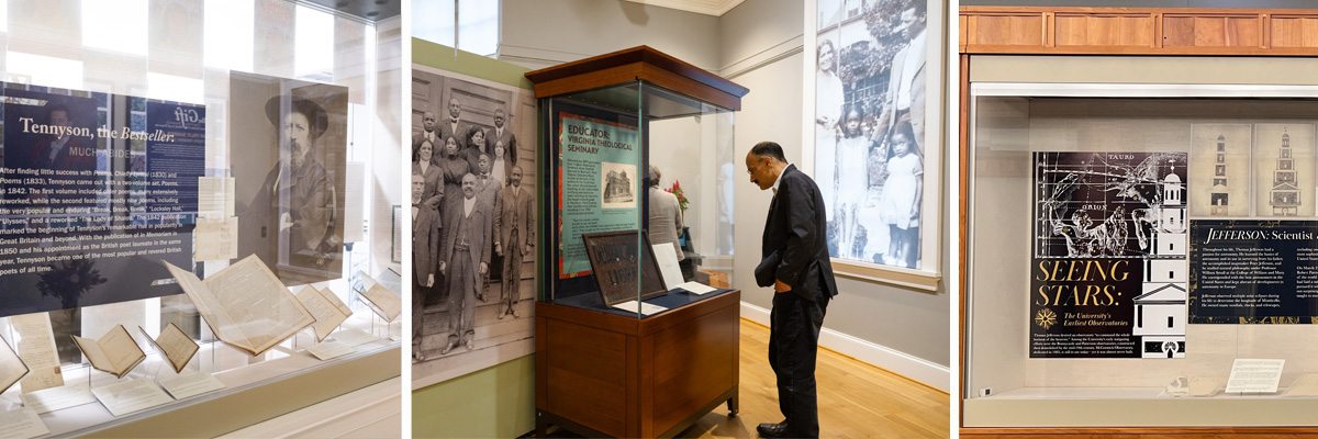Three images of special collections exhibitions. All three show glass display cases with various artifacts and wall texts inside.