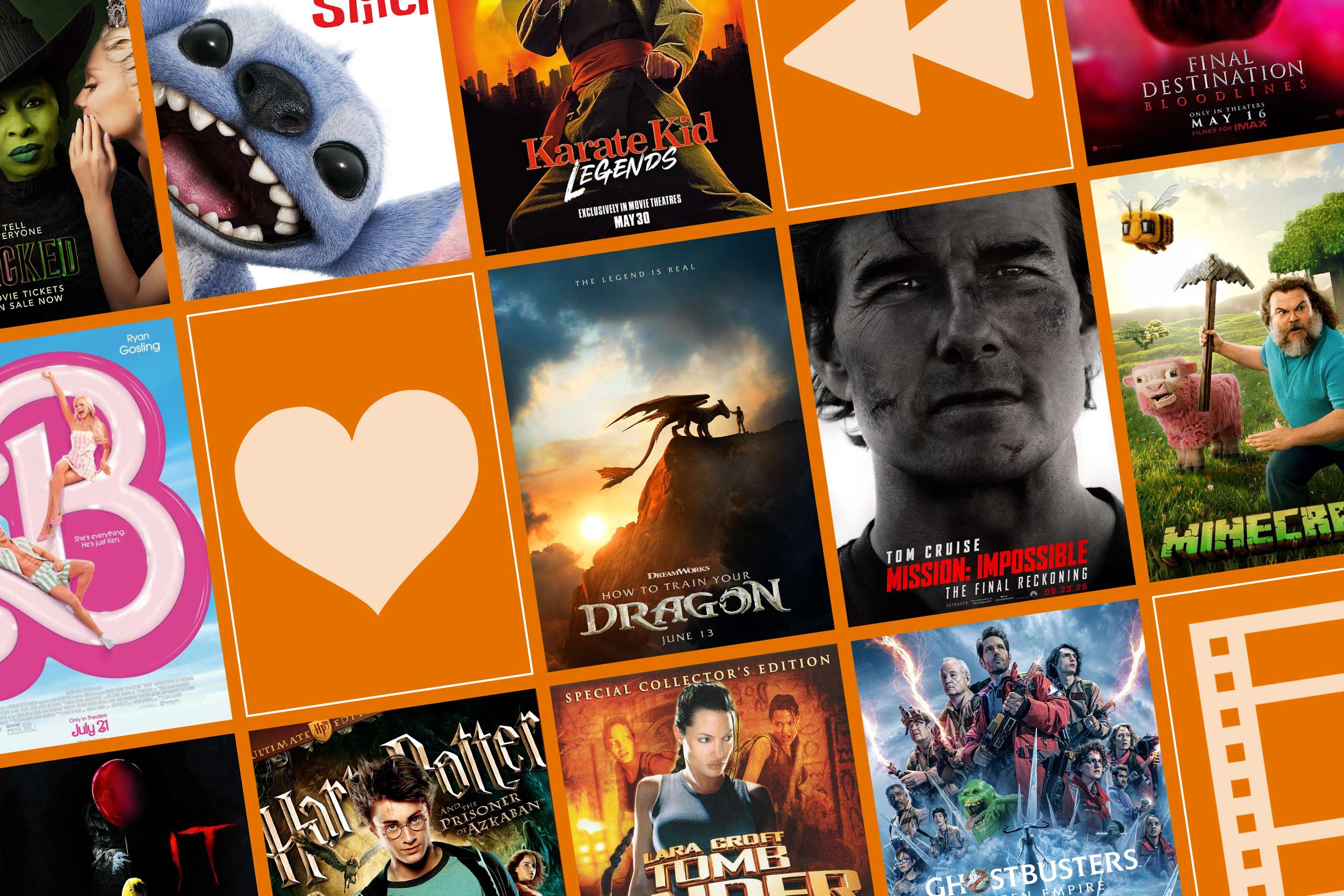 Grid of various movie covers, some including Lilo and Stitch, Barbie, and Minecraft