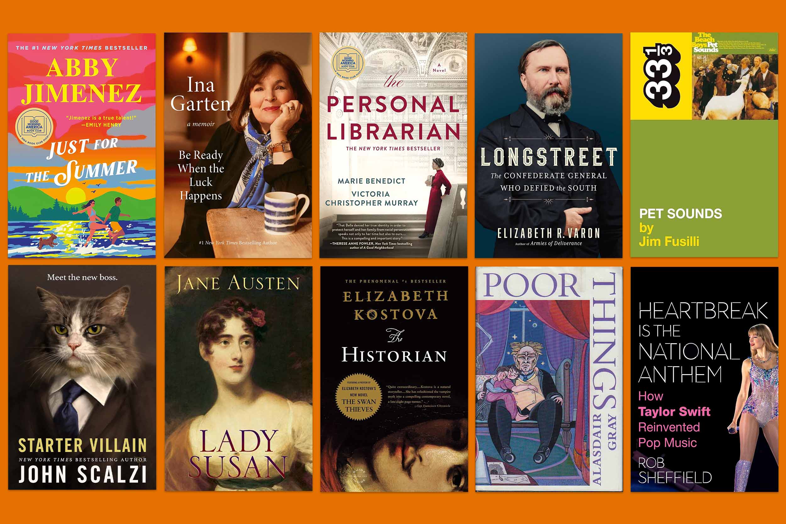 A gallery of 10 book covers, 5 on top and 5 below, evenly spaced on an orange background.