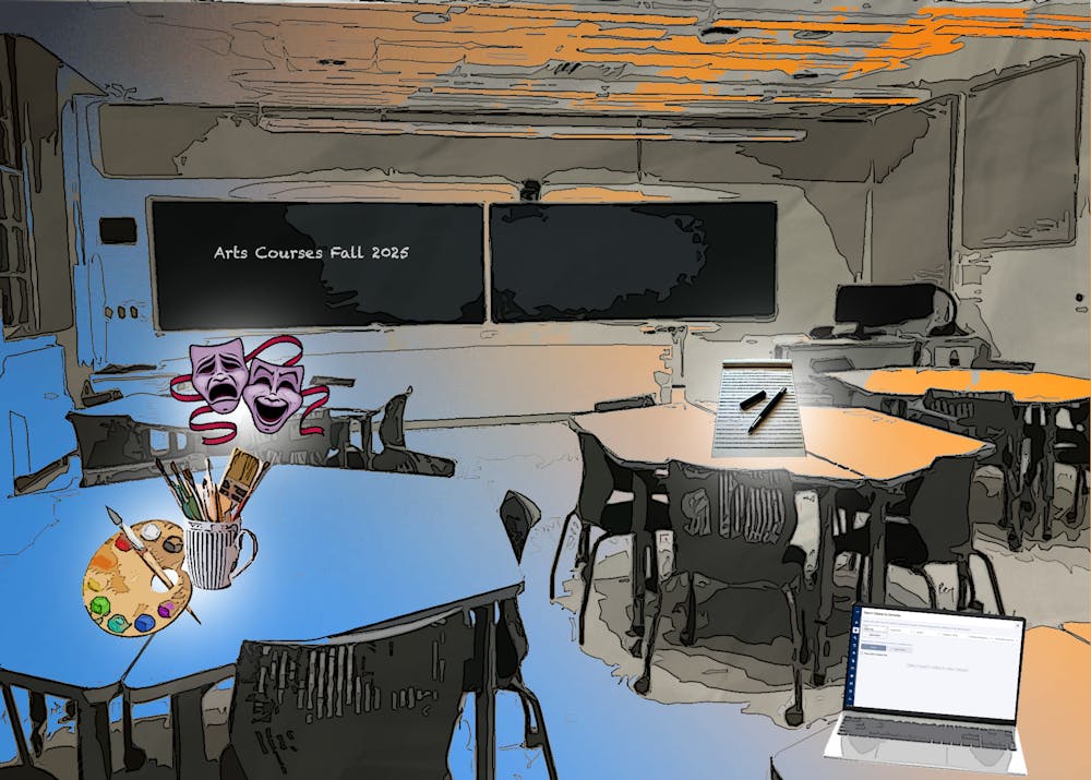 A digital image of a classroom with 4 tables, one with a theatre mask symbol, one with paint brushes, one with a laptop, and one with a pen and paper.