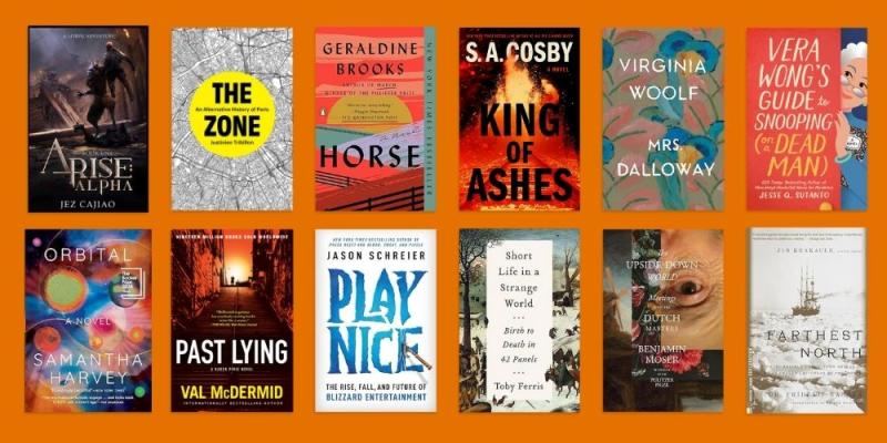 An orange background with two rows of book covers, six on top and six below, evenly spaced. 