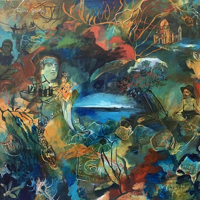 A colorful painting with various images in a collage, such as faces, a mermaid, sea creatures, children and other abstract shapes.