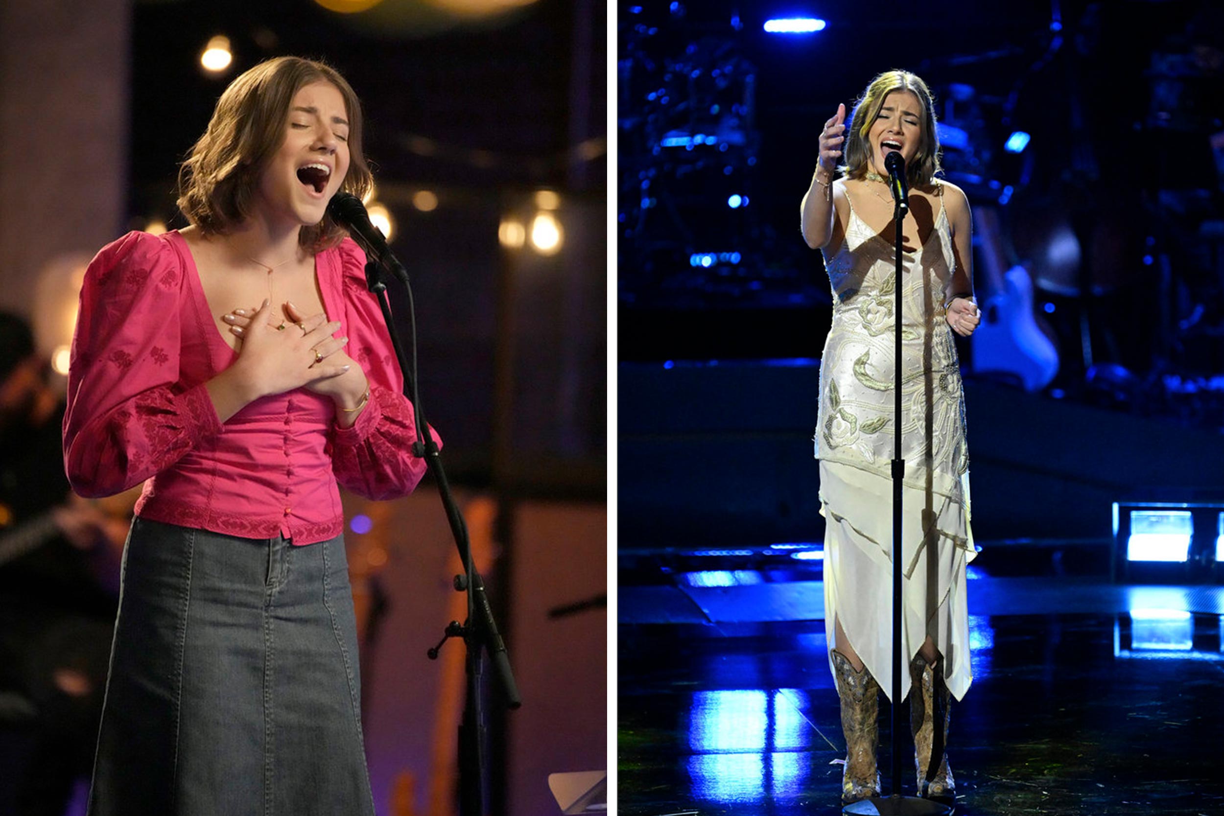 Two photos of Simone from her time on The Voice, both of her standing and belting into a microphone.
