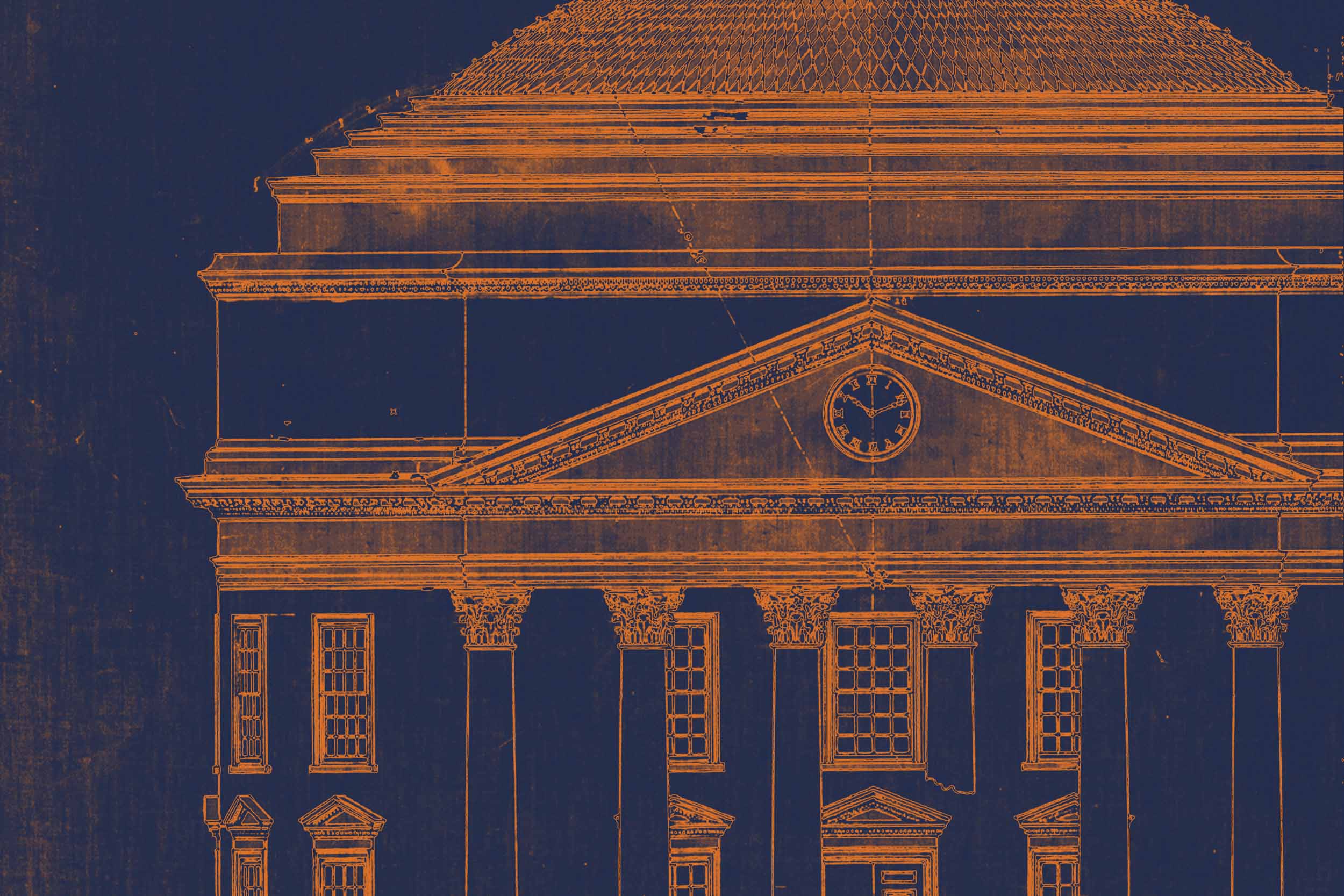 Blueprint of the front of the Rotunda, with blue and orange hues.