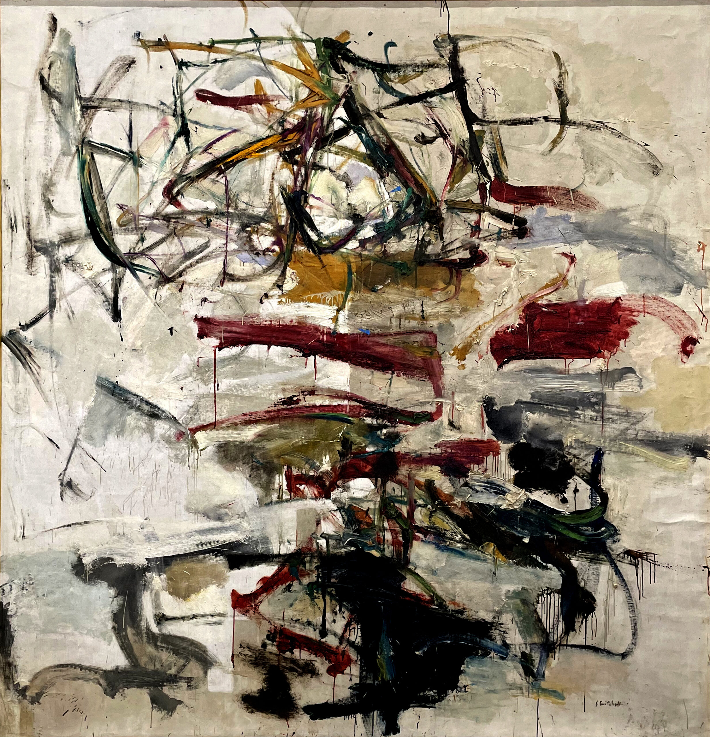 A painting with a beige background, with black, red, and mustard colored brush strokes haphazardly painted across the canvas.