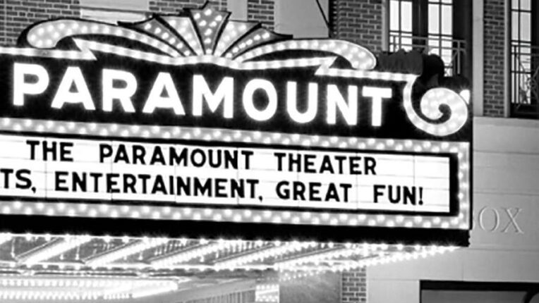 Image of The Paramount Theater marquee with bright lights.