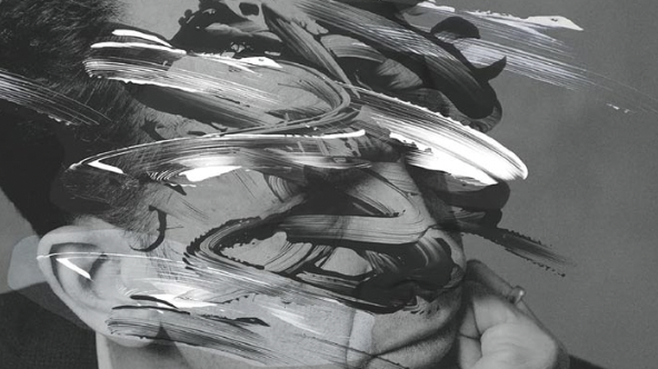 A black and white close-up image of a man, but his face is obscured by violent black and white brush strokes.