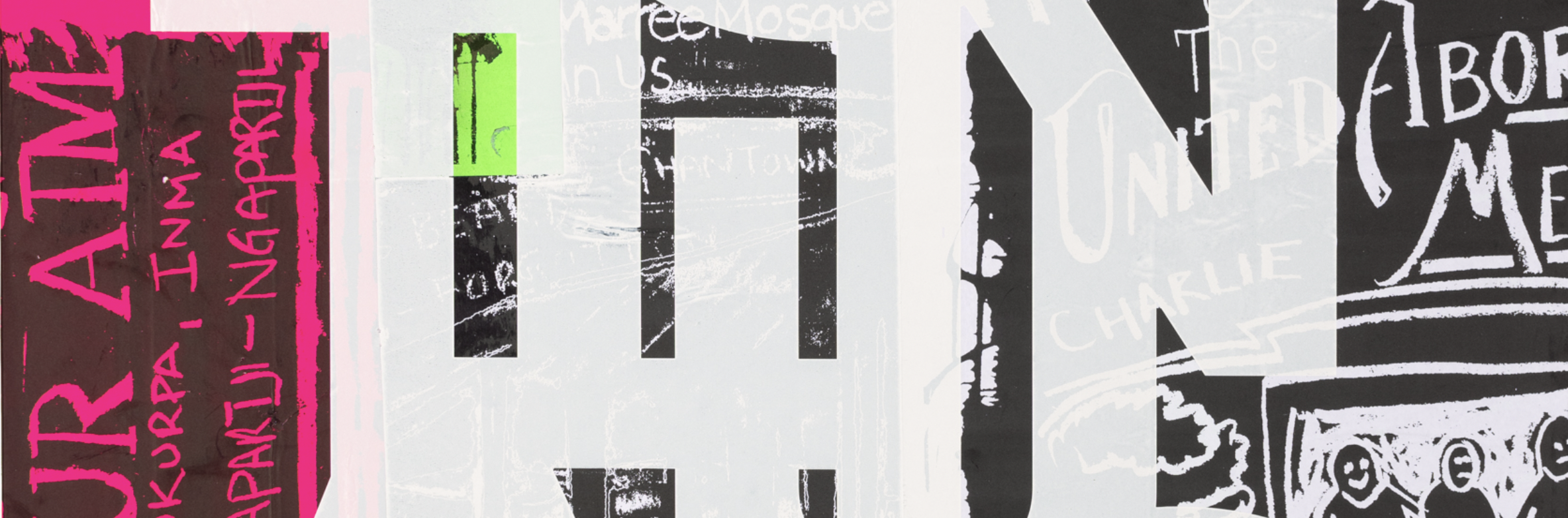 Robert fielding painting with various words and bold neon green and pink color blocking.