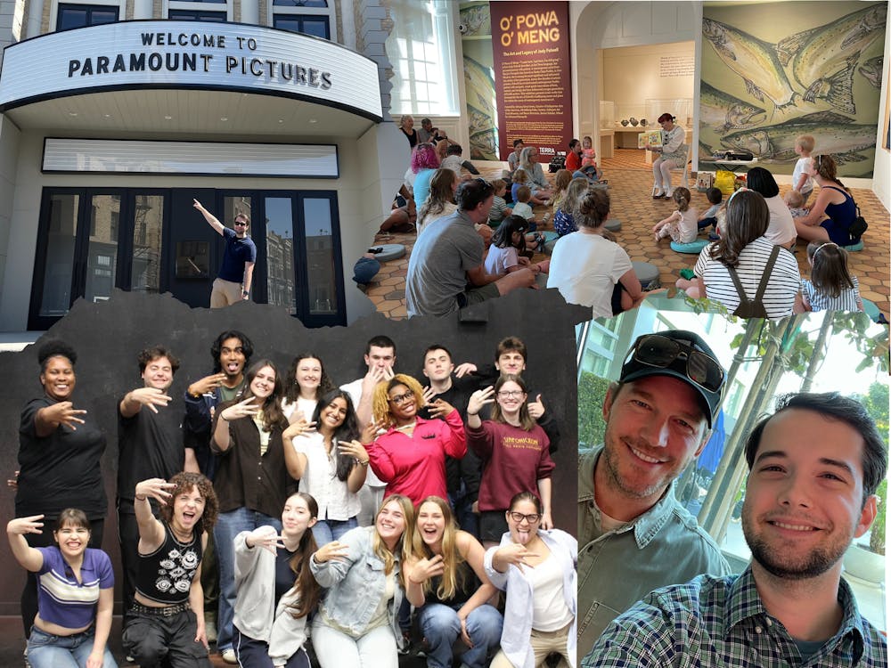 A collage of various photos from student experiences over the summer. Groups of theatre students pose together, a student teaching at an art museum is shown, and a student visiting paramount pictures is shown.