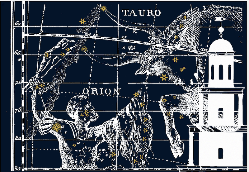 An illustration from the exhibition signage, featuring the constellations of Taurus and Orion.