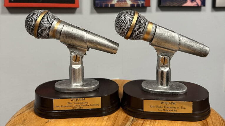 Two trophies both in the shapes of silver microphones, sitting on a wooden table.