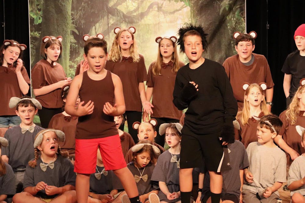 An on-stage production of Jungle Book shows kids dressed in monkey costumes and various other animals while singing.