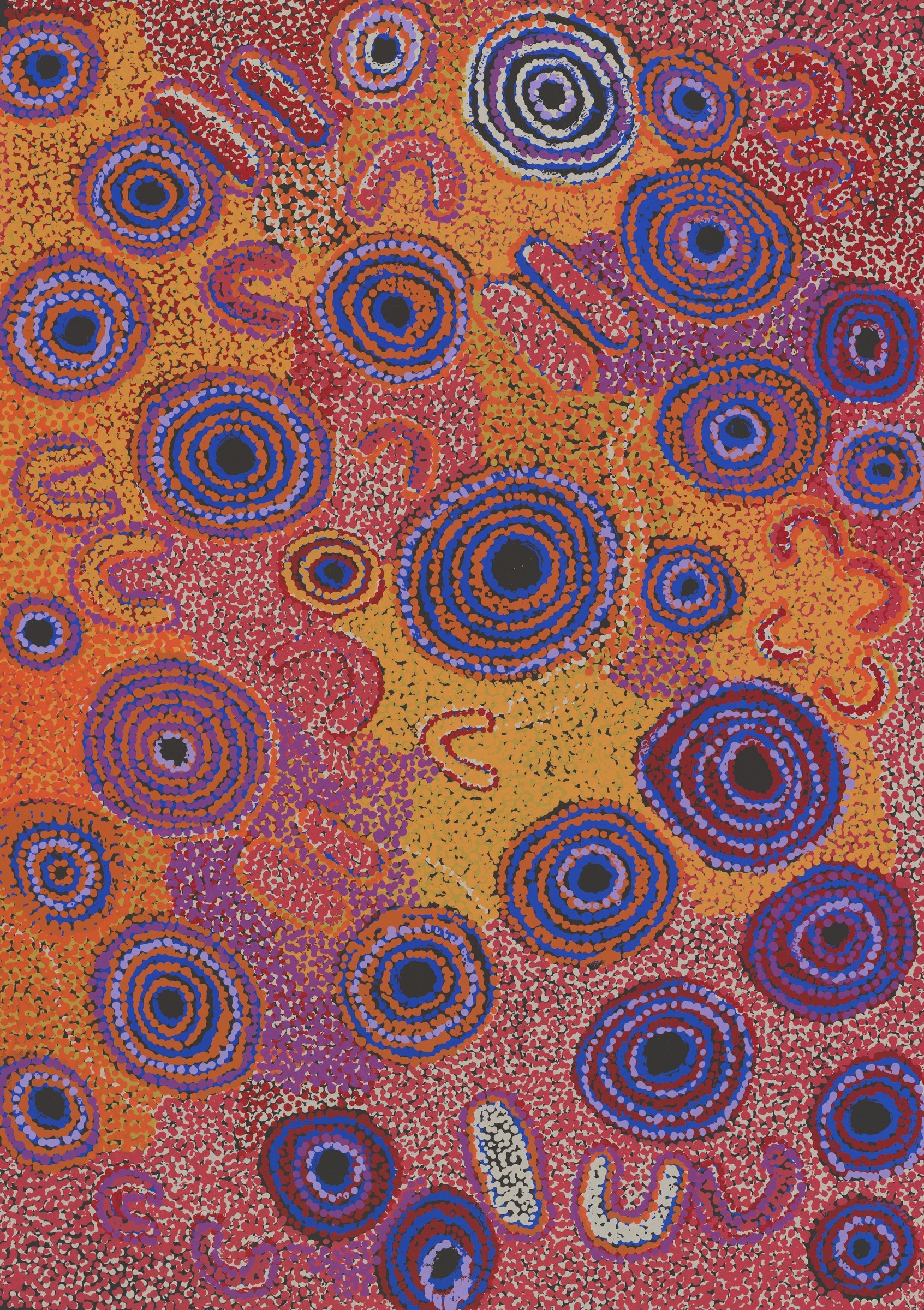 Colorful painting with various dots and circles, mostly in blue, purple, orange, and red.