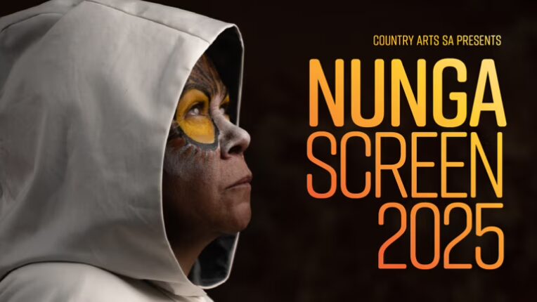 A picture of a woman in a gray hood with yellow face paint looking upwards, and the phrase "Nunga Screen 2025" in bold yellow letters.