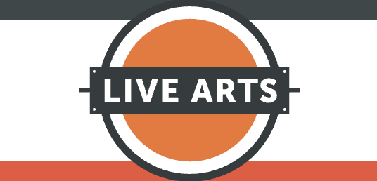 An orange circle with with black and white outline, with the phrase Live Arts bolded in the center.