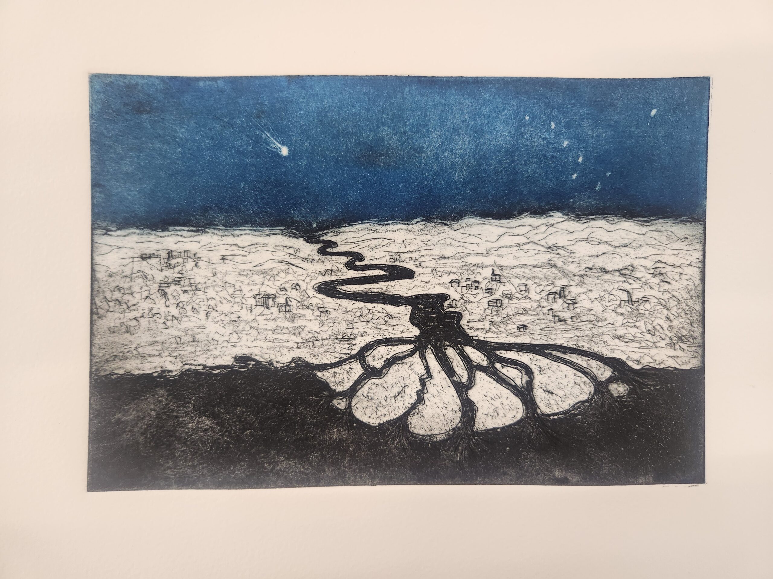 A painting of water paths in land, with blue, white, and black colors only used.