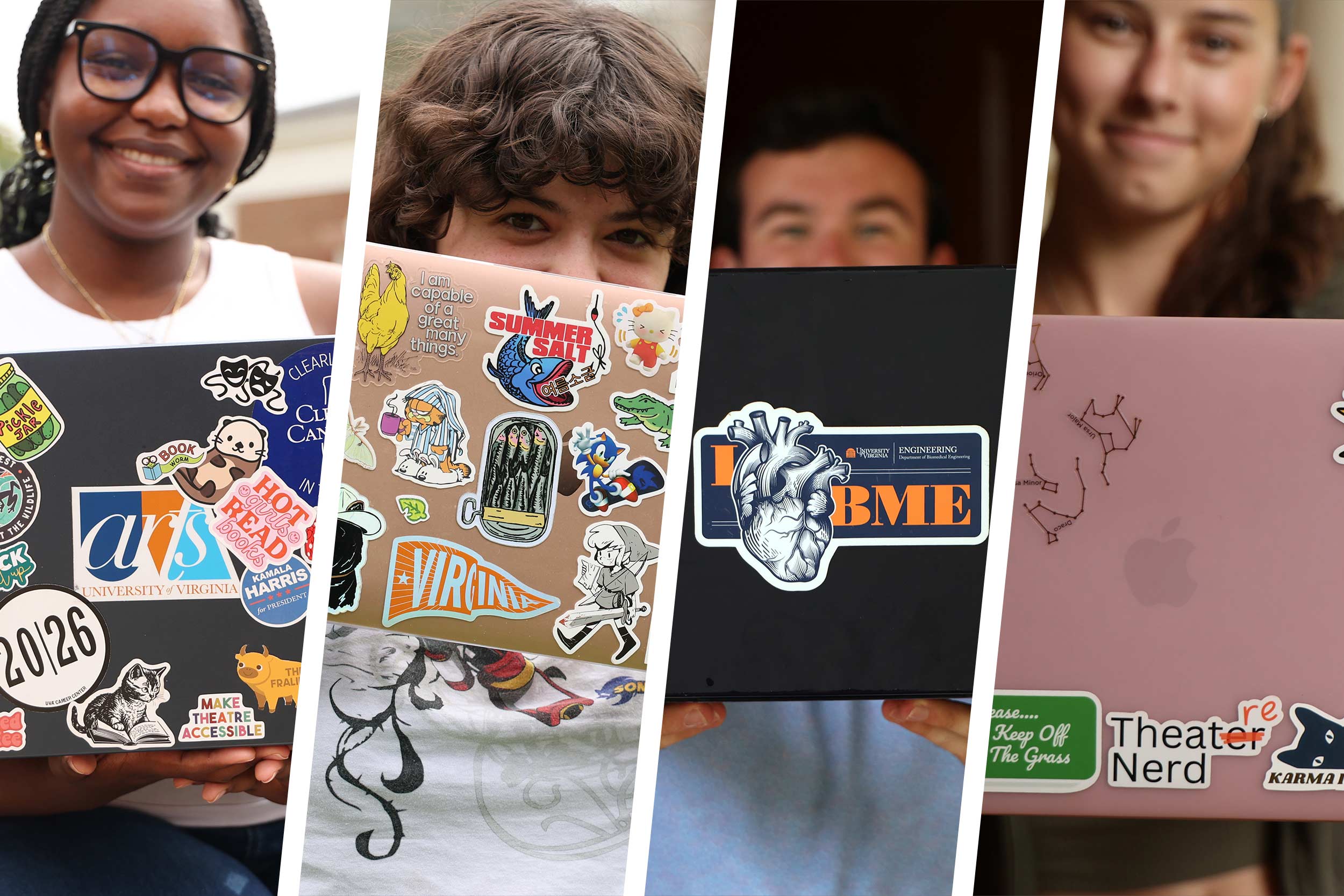 Four different UVA students hold up their laptops to show the various stickers and art on their laptops.