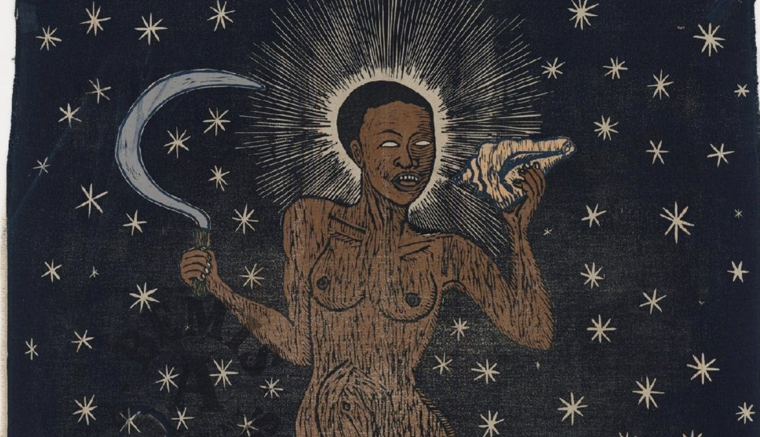 A woodcut of a nude woman with short hair holding a shell in one hand and a scythe-like object in the other. Rays of gold surround her head, and the background is a navy blue sky with gold stars.