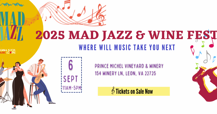 A white backrgound with clipart images of people playing jazz instruments. The phrase "2025 Mad Jazz and Wine Fest: Where Will Music Take You Next" are bolded in the center.