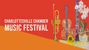 A red and orange background with clipart images of instruments on the right side, and the phrase "Charlottesville Chamber Music Festival" in white letters in the center.