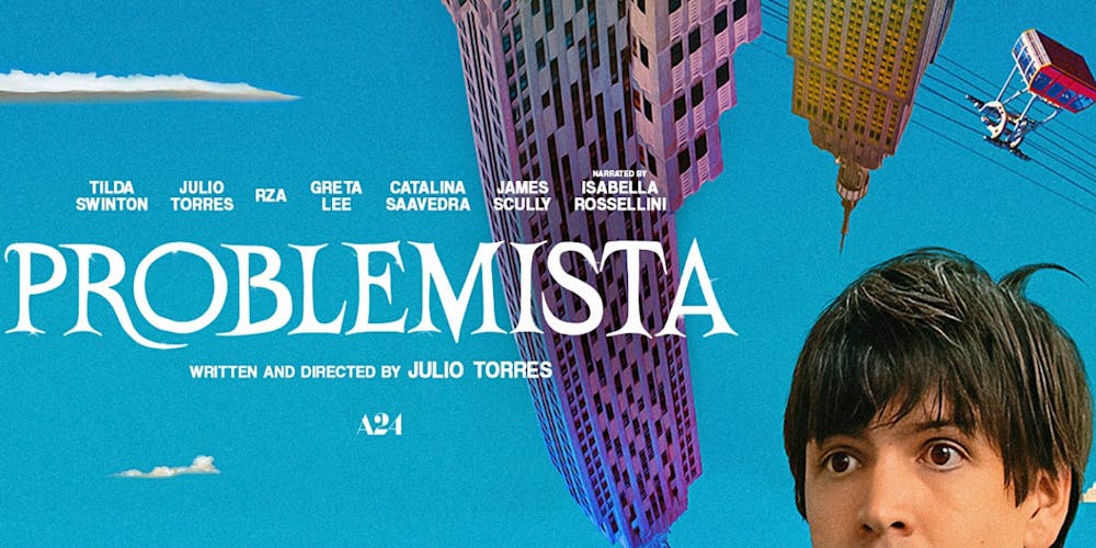 A young adult man with brown hair is making a confused expression, looking off into the distance. The background shows the tops of skyscrapers, from a low angle.