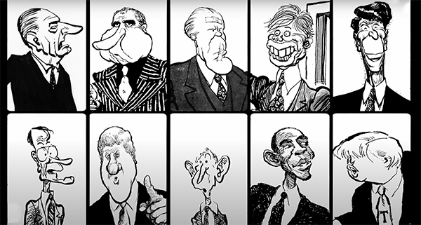 This is a collection of 10 political cartoons of American Politicians in a black and white grid.