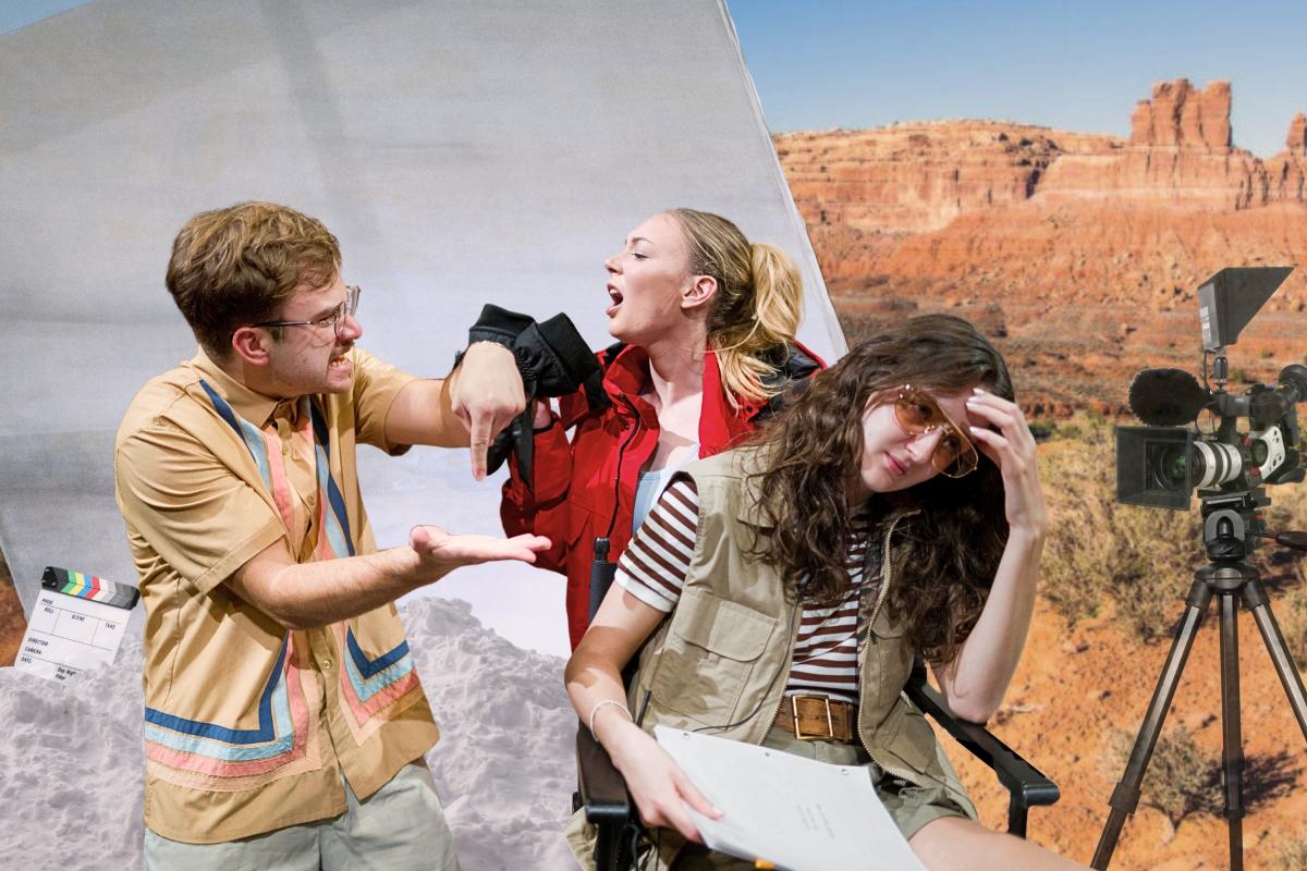 Three people are arguing. One guy is arguing with a blonde woman in a red jacket, and another woman sits in a directors chair in front of them with her hand on her head--looking very annoyed.