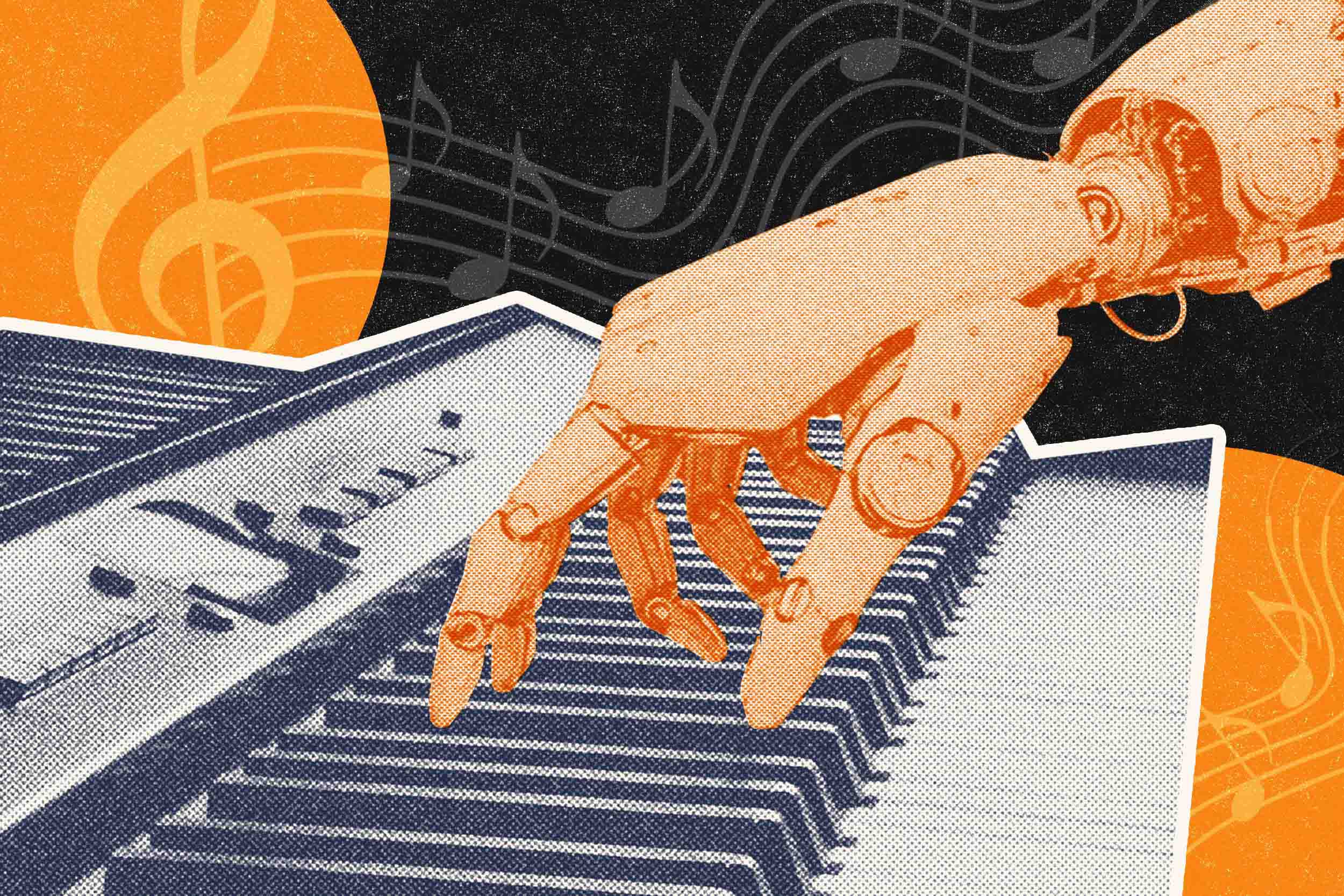 Clipart of a robot hand playing a keyboard.