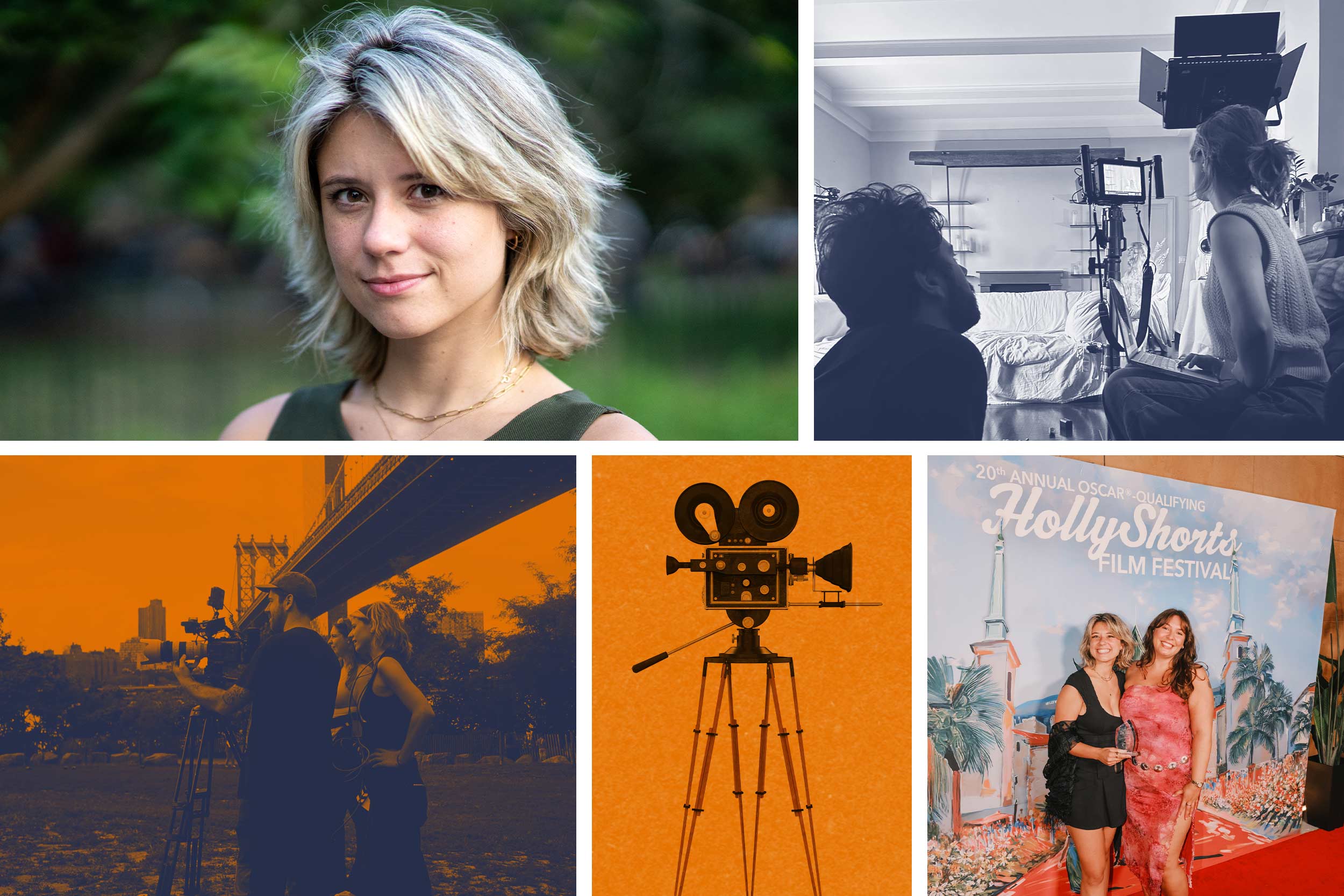 A collage of 5 pictures showing a young woman with short blonde hair, two pictures of her in action filming things from behind a film camera, a clipart image of a film camera, and a picture of her on a red carpet.