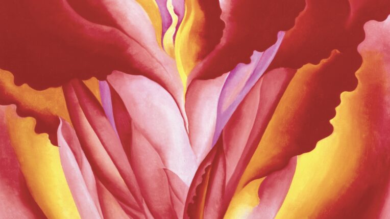 An abstract close-up painting of a flower, with red, pink, yellow, and orange colors in the petals.