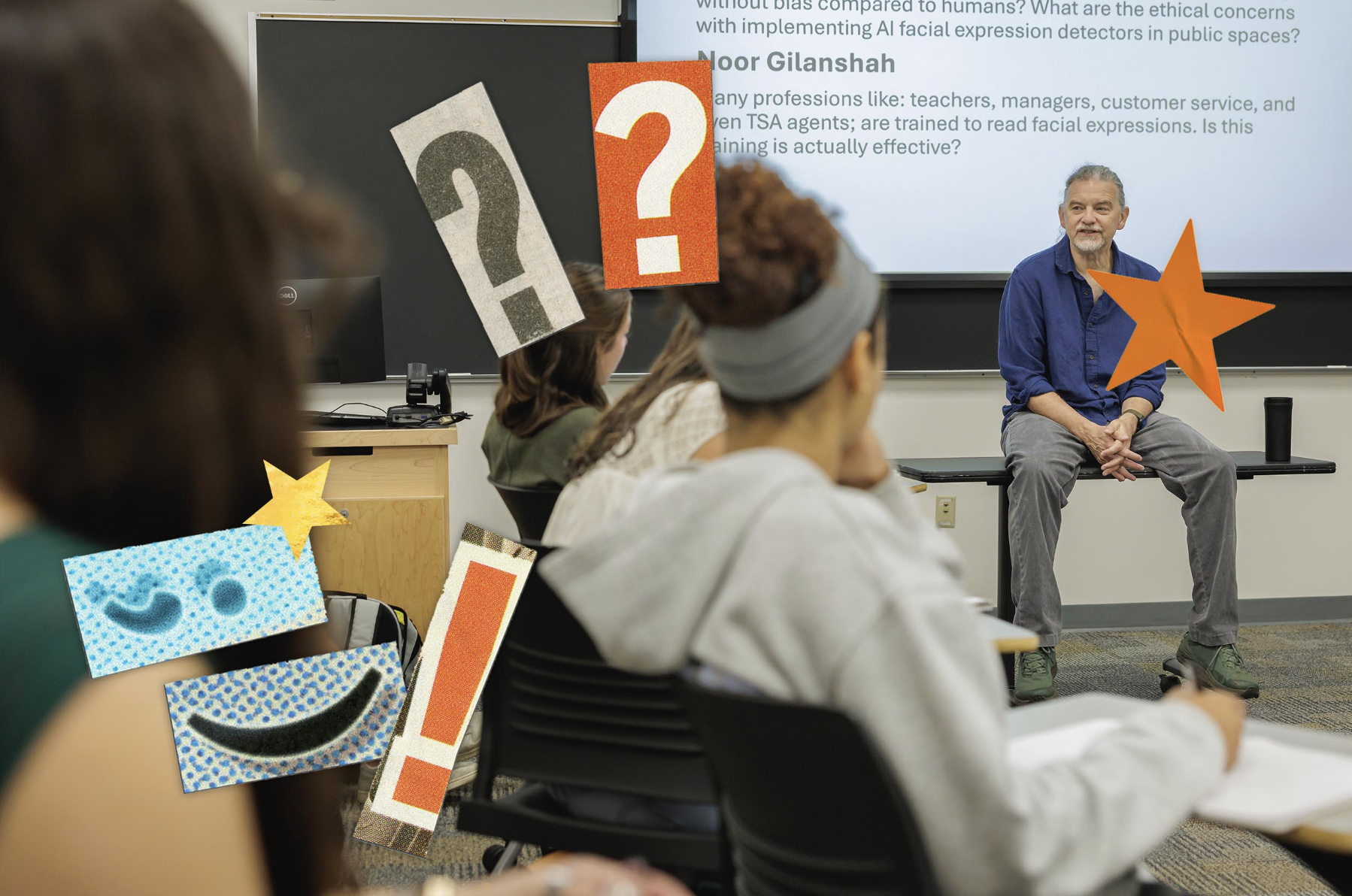 A student's perspective from sitting in a classroom with a male professor sitting casually on a table at the front of the class. Clipart of question marks and punctuation are scattered on the image.